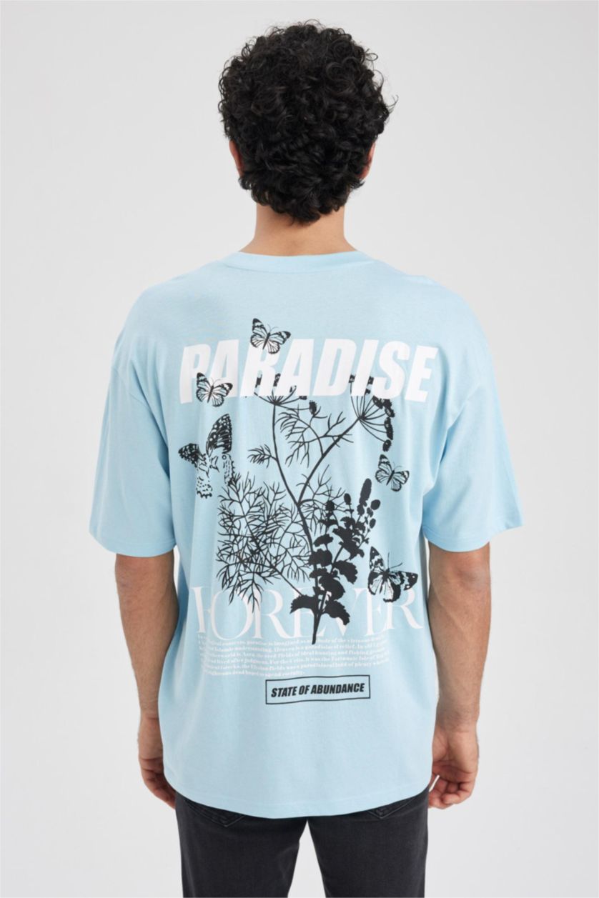 Мужчины Голубрй Футболка оверсайз с круглым вырезом и принтом из 100% хлопка