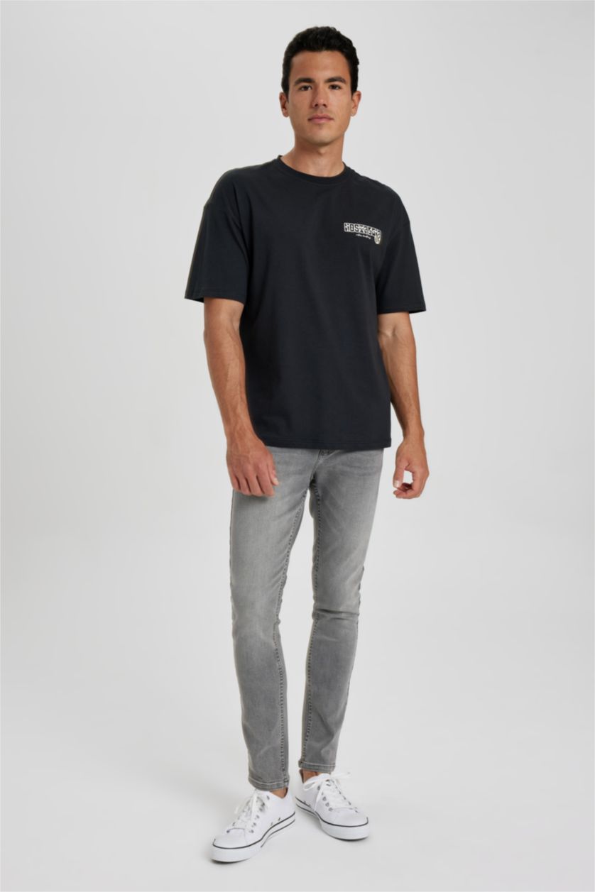 Мужчины Антрацит Футболка комфортного кроя с принтом из хлопка