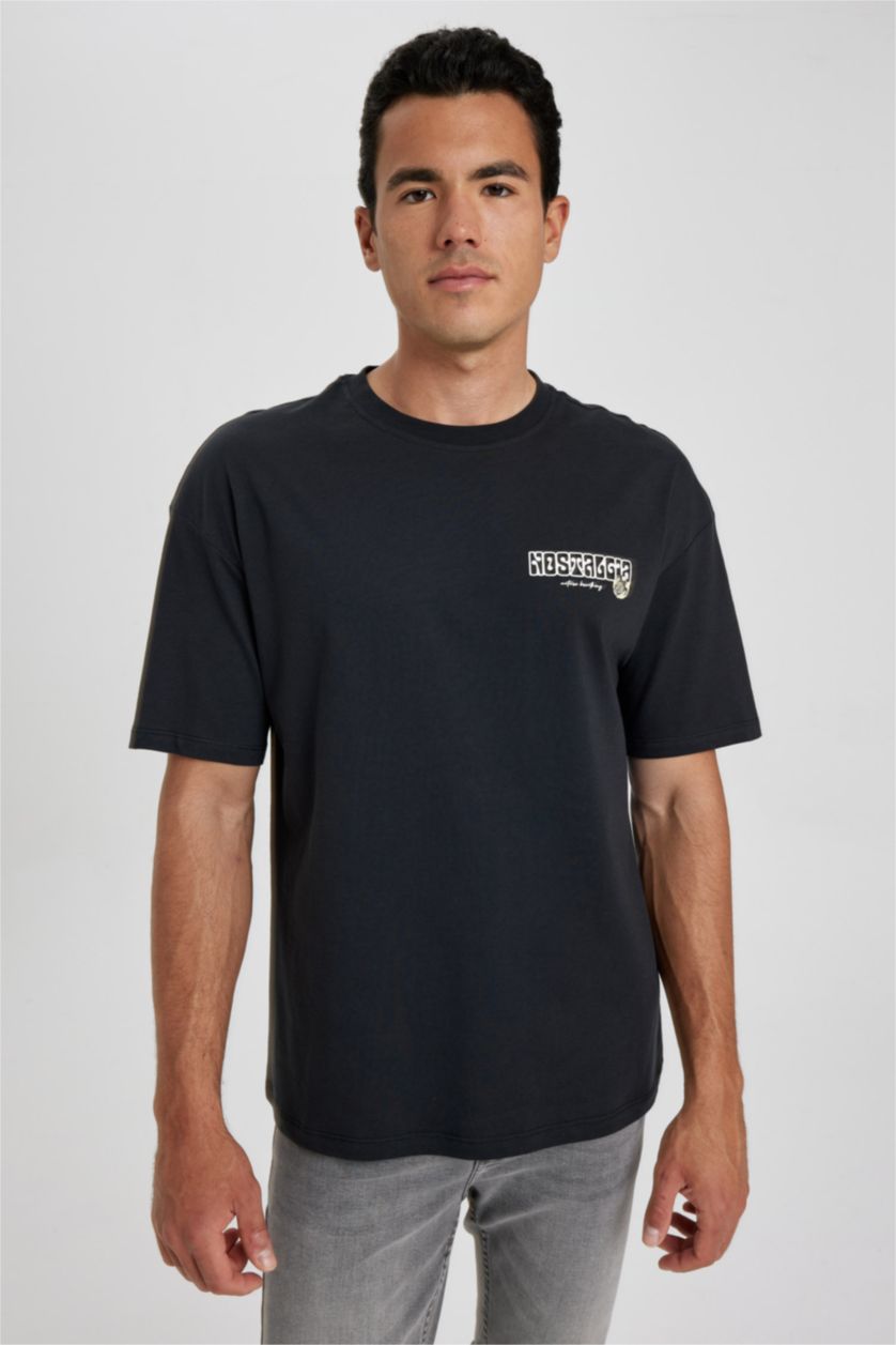 Мужчины Антрацит Футболка комфортного кроя с принтом из хлопка