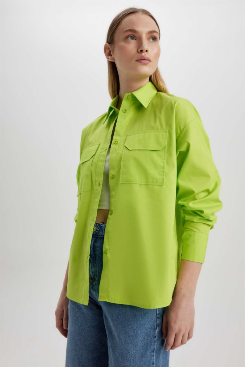 نساء Parlak Yeşiil قميص بوبلين كم طويل وقصة عادية