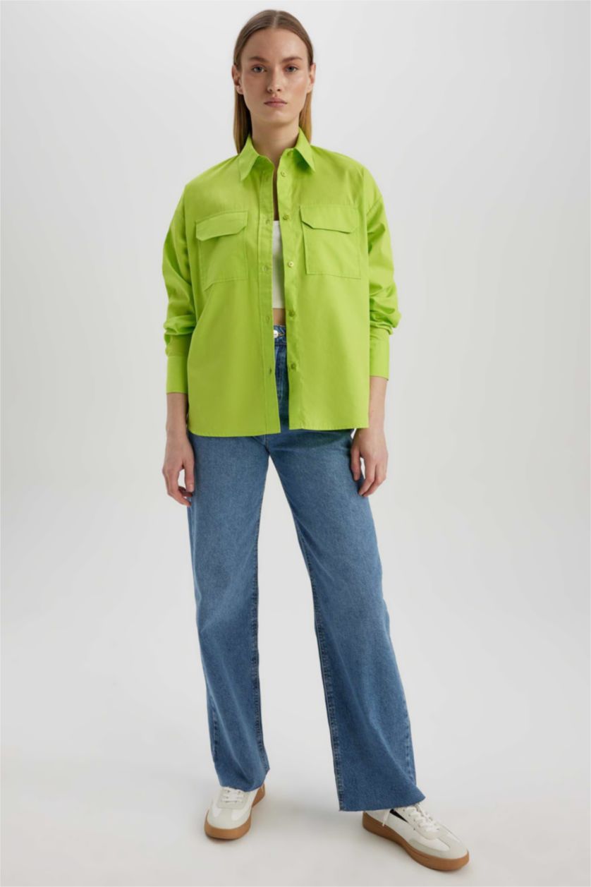 نساء Parlak Yeşiil قميص بوبلين كم طويل وقصة عادية