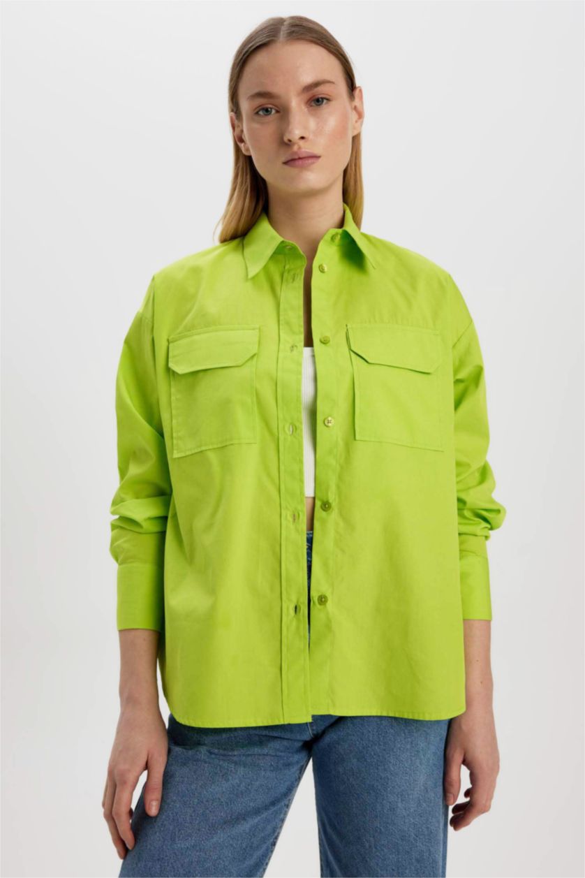 نساء Parlak Yeşiil قميص بوبلين كم طويل وقصة عادية