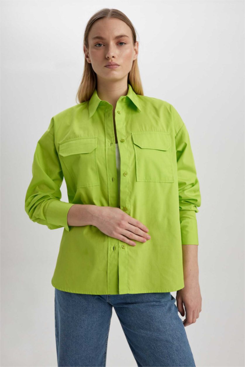 نساء Parlak Yeşiil قميص بوبلين كم طويل وقصة عادية