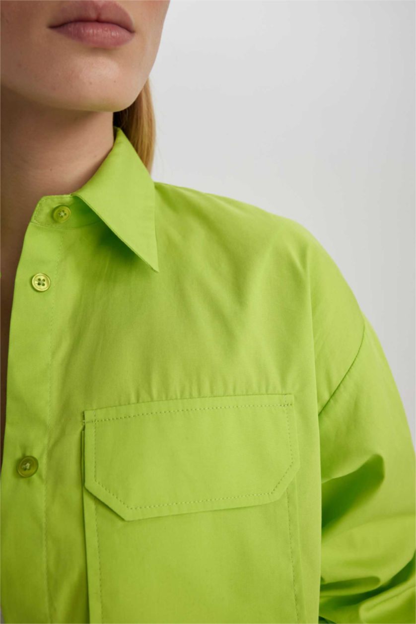 نساء Parlak Yeşiil قميص بوبلين كم طويل وقصة عادية