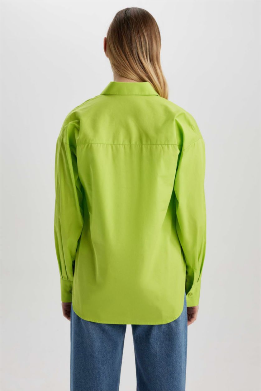 نساء Parlak Yeşiil قميص بوبلين كم طويل وقصة عادية