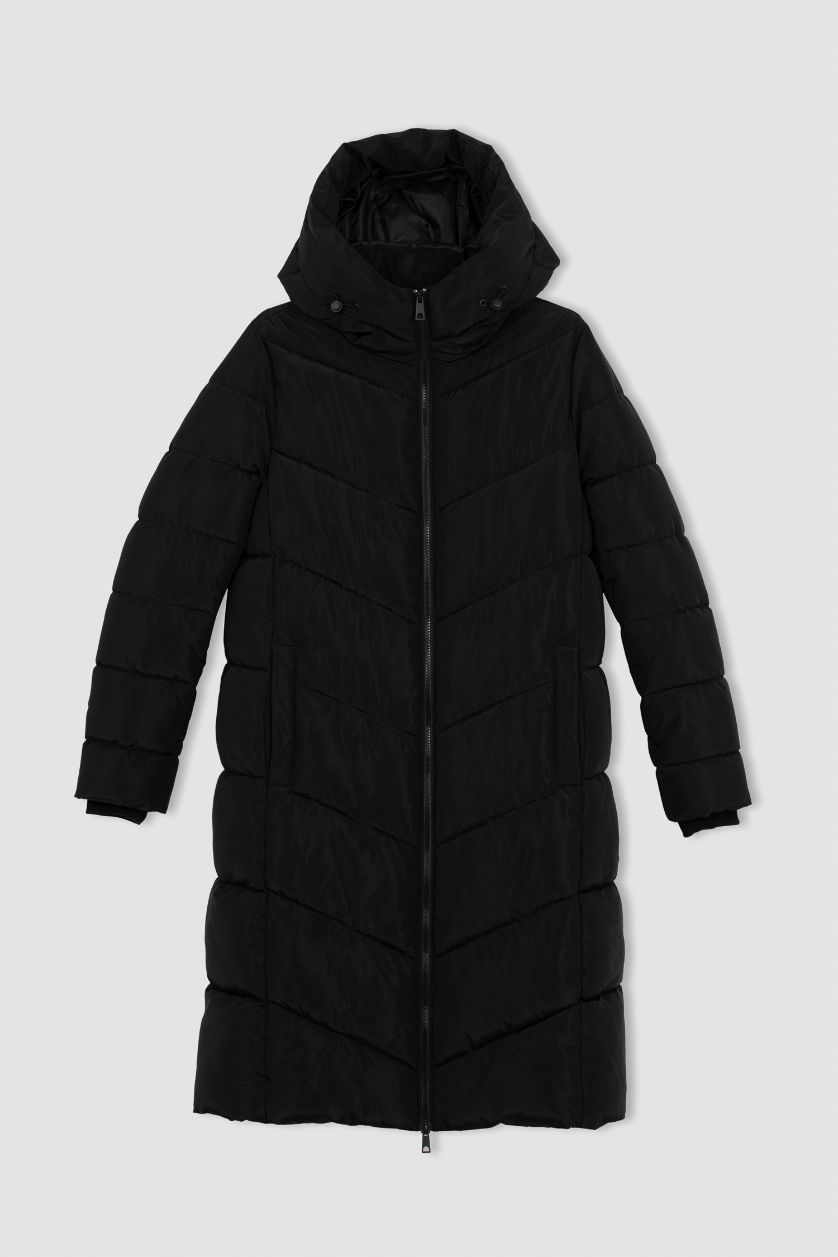 WOMAN Black Waterproof Regular Fit Hooded Puffer Long Jacket