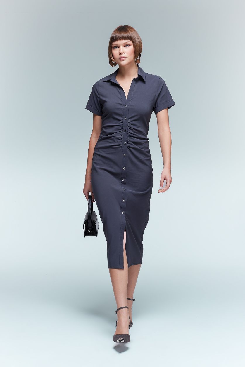Woman Anthracite Shirt Collar Buttoned Half Sleeve Midi Dress
