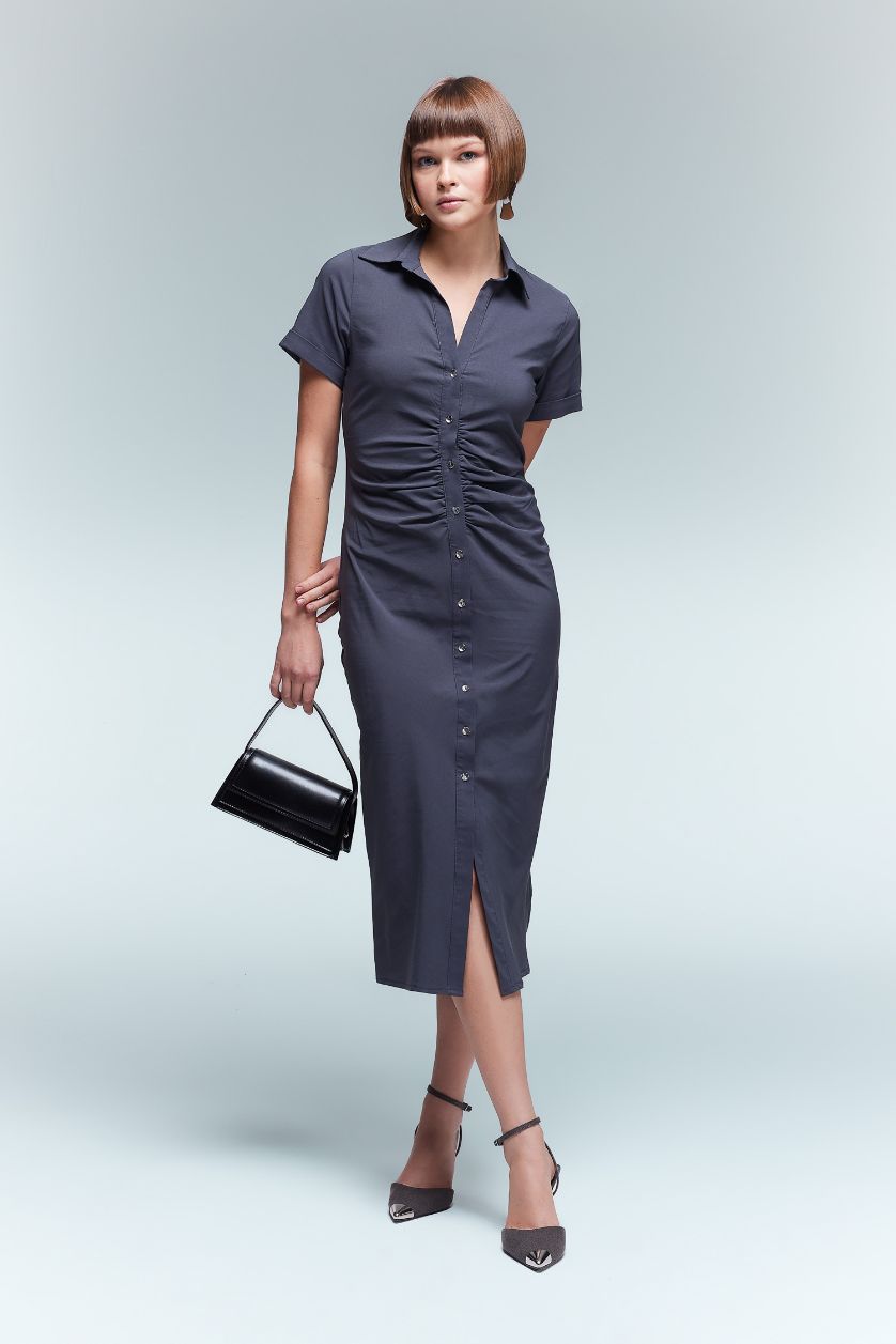 Woman Anthracite Shirt Collar Buttoned Half Sleeve Midi Dress