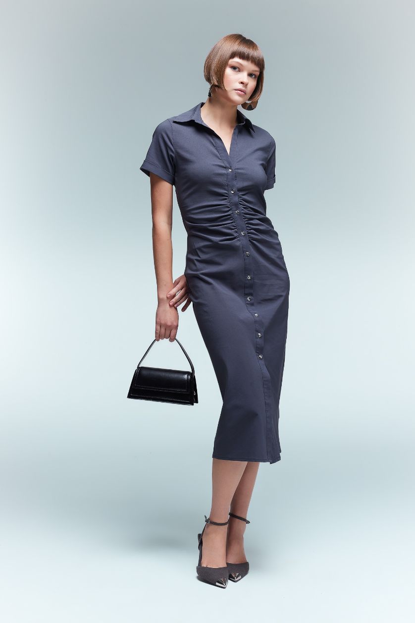 Woman Anthracite Shirt Collar Buttoned Half Sleeve Midi Dress