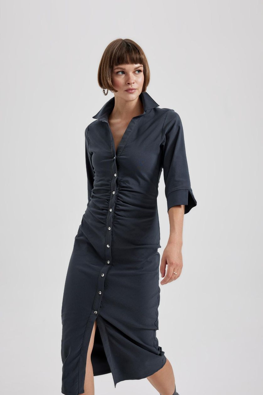 Woman Anthracite Shirt Collar Buttoned Half Sleeve Midi Dress