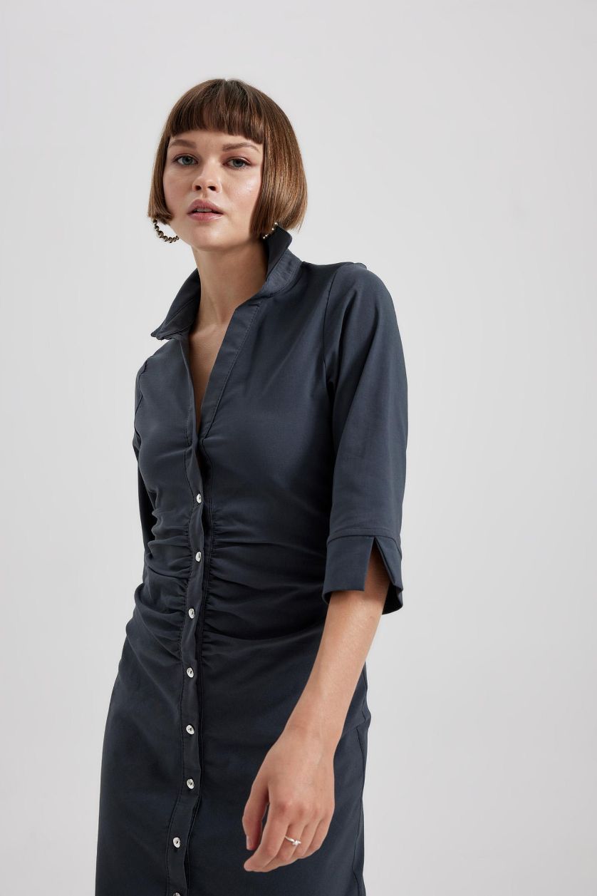 Woman Anthracite Shirt Collar Buttoned Half Sleeve Midi Dress