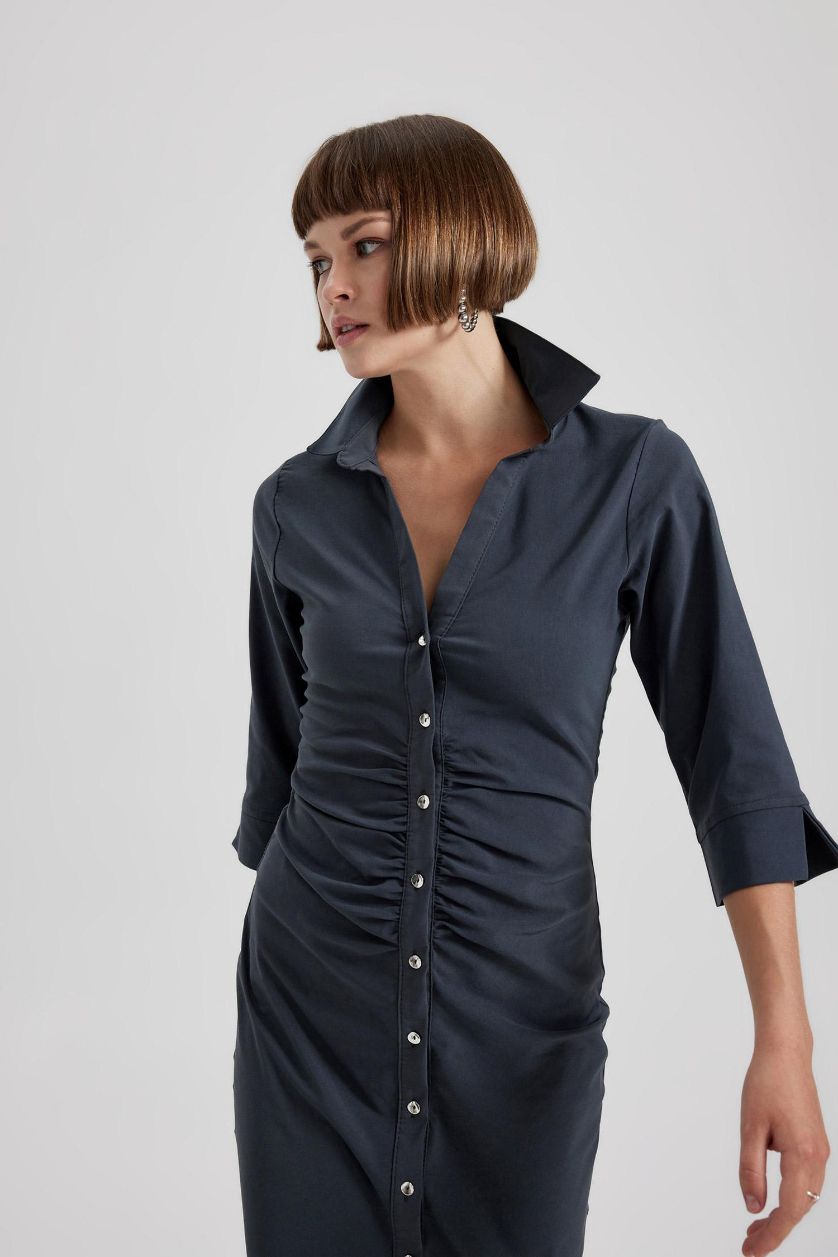 Woman Anthracite Shirt Collar Buttoned Half Sleeve Midi Dress