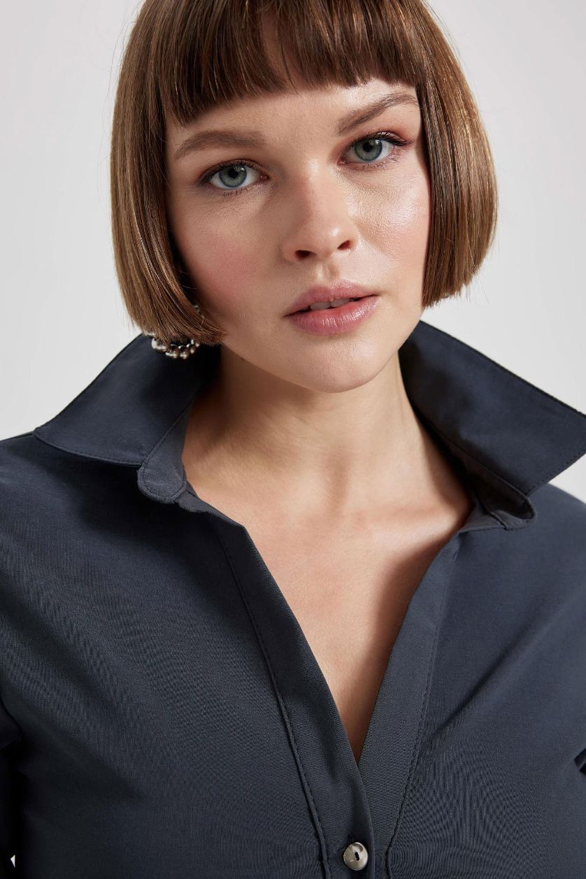 Woman Anthracite Shirt Collar Buttoned Half Sleeve Midi Dress