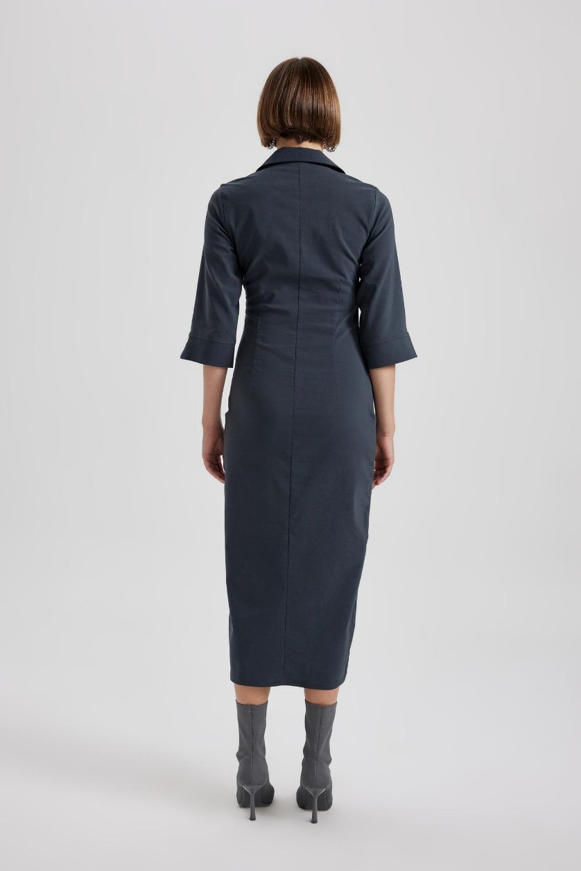 Woman Anthracite Shirt Collar Buttoned Half Sleeve Midi Dress