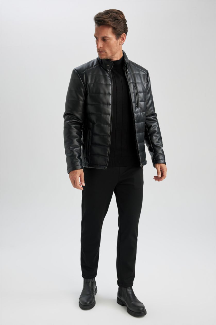 رجال أسود جاكيت جلد صناعي سليم فيت بياقة عالية مبطن