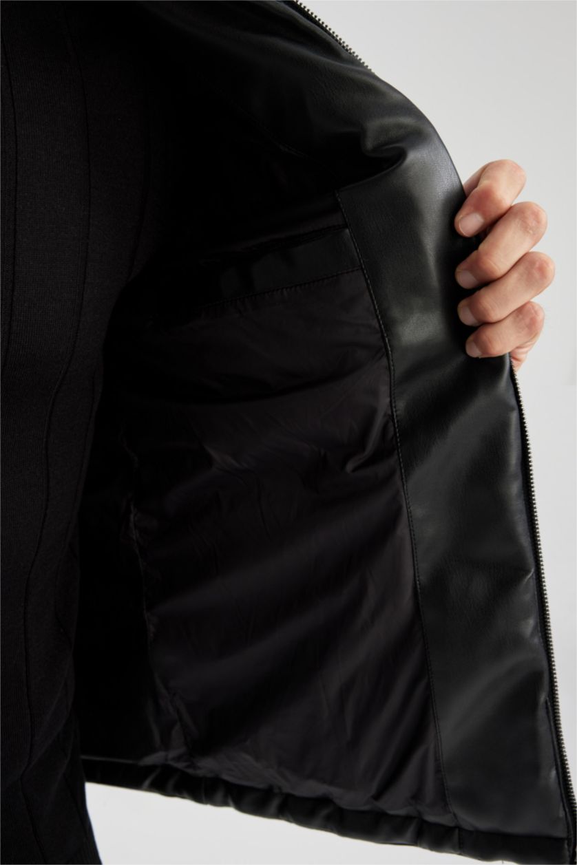 رجال أسود جاكيت جلد صناعي سليم فيت بياقة عالية مبطن