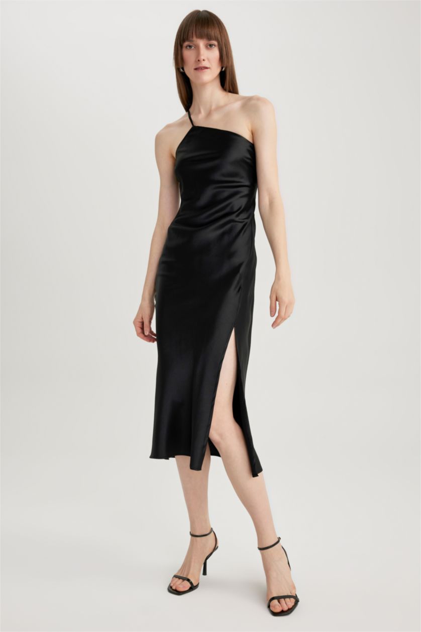 WOMAN Black One-Shoulder Satin Slit Midi Dress