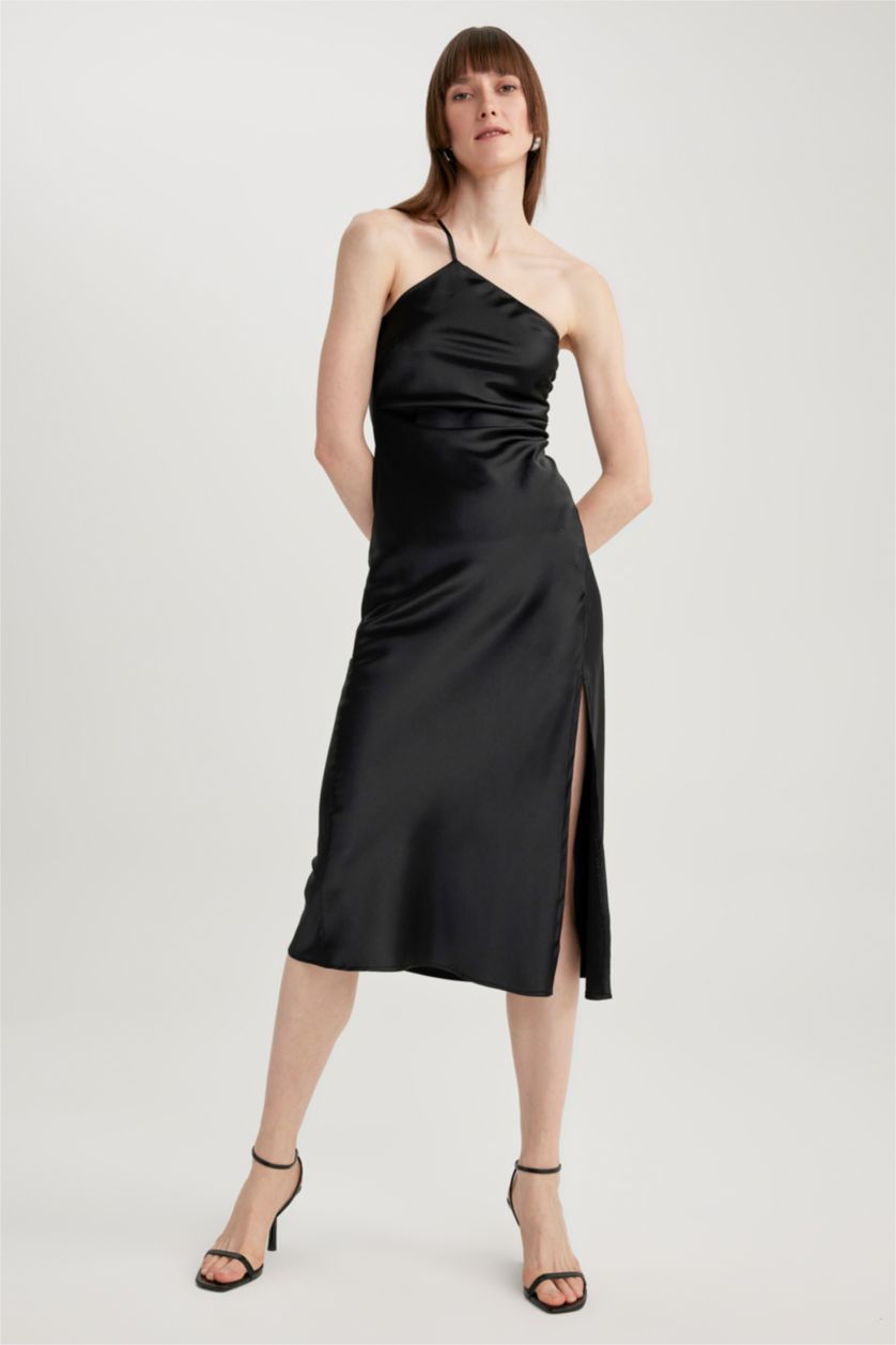 WOMAN Black One-Shoulder Satin Slit Midi Dress