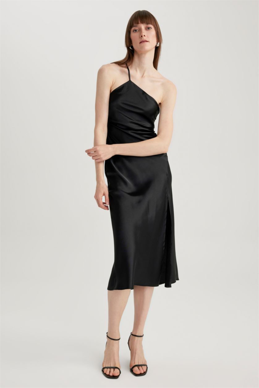 WOMAN Black One-Shoulder Satin Slit Midi Dress