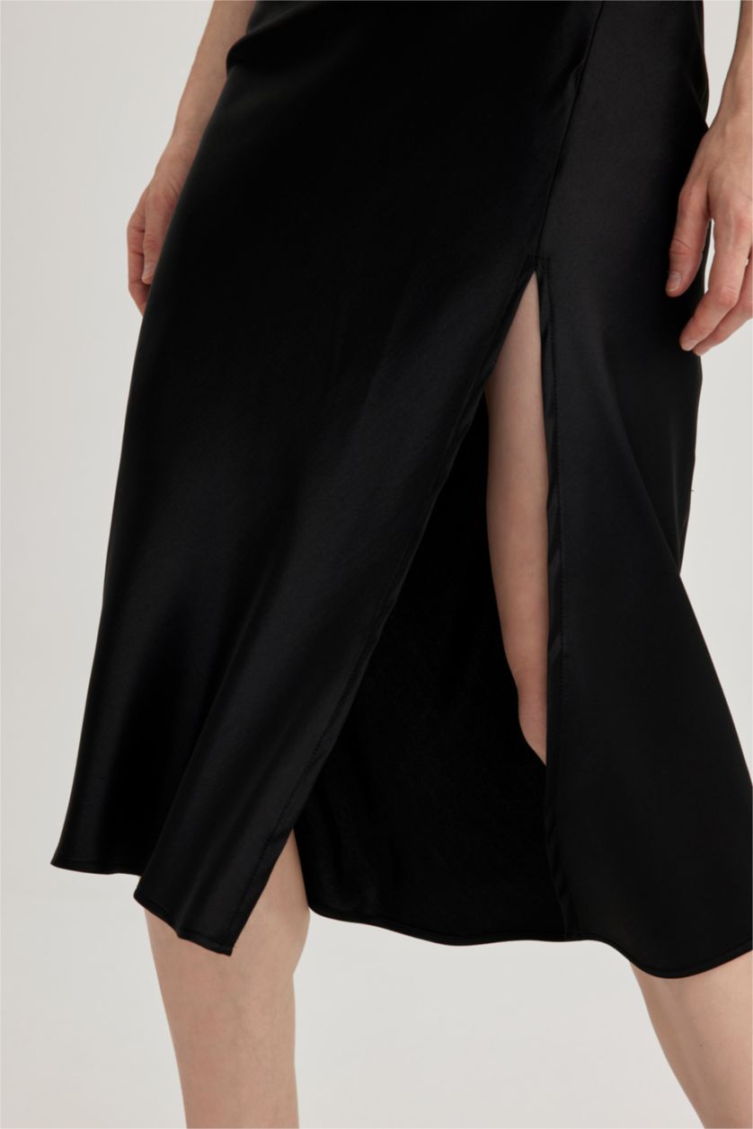 WOMAN Black One-Shoulder Satin Slit Midi Dress