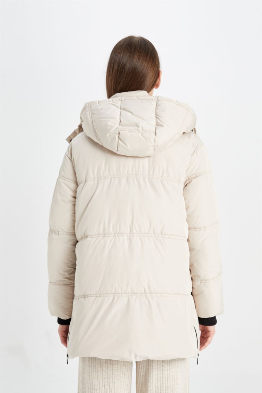 Kadın Bej Su Geçirmez Şişme Mont Parka Oversize Geniş Kalıp Fermuarlı Çıtçıtlı Cepli Kapüşonlu