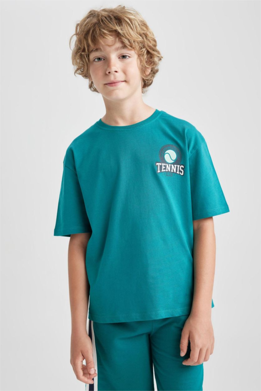 BOYS & TEENS Dark Green Boy Oversize Fit Crew Neck Printed Short Sleeve T-Shirt