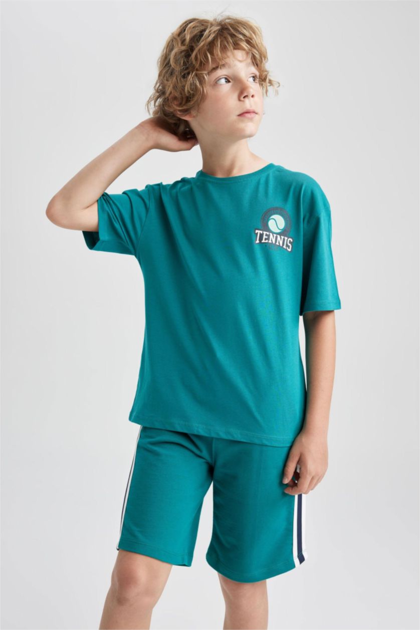 BOYS & TEENS Dark Green Boy Oversize Fit Crew Neck Printed Short Sleeve T-Shirt