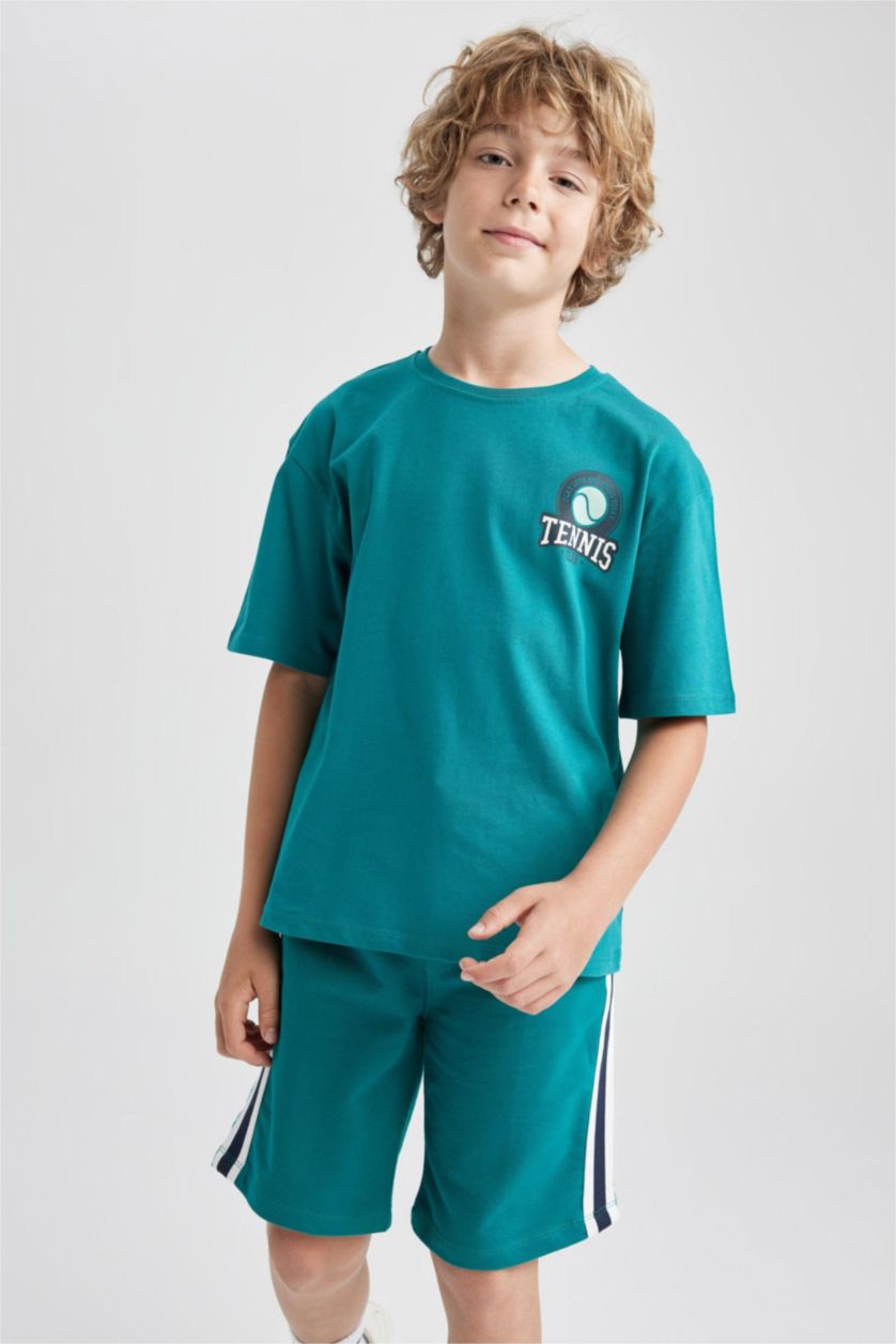 BOYS & TEENS Dark Green Boy Oversize Fit Crew Neck Printed Short Sleeve T-Shirt