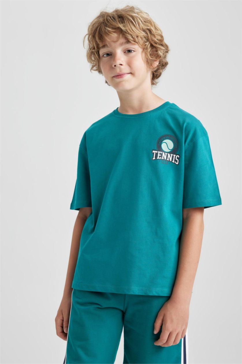 BOYS & TEENS Dark Green Boy Oversize Fit Crew Neck Printed Short Sleeve T-Shirt