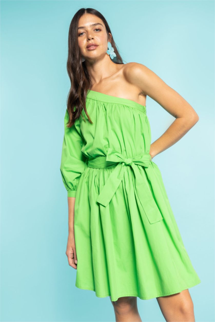 نساء أخضر فستان قصير قطن غير متماثل بكتف واحد