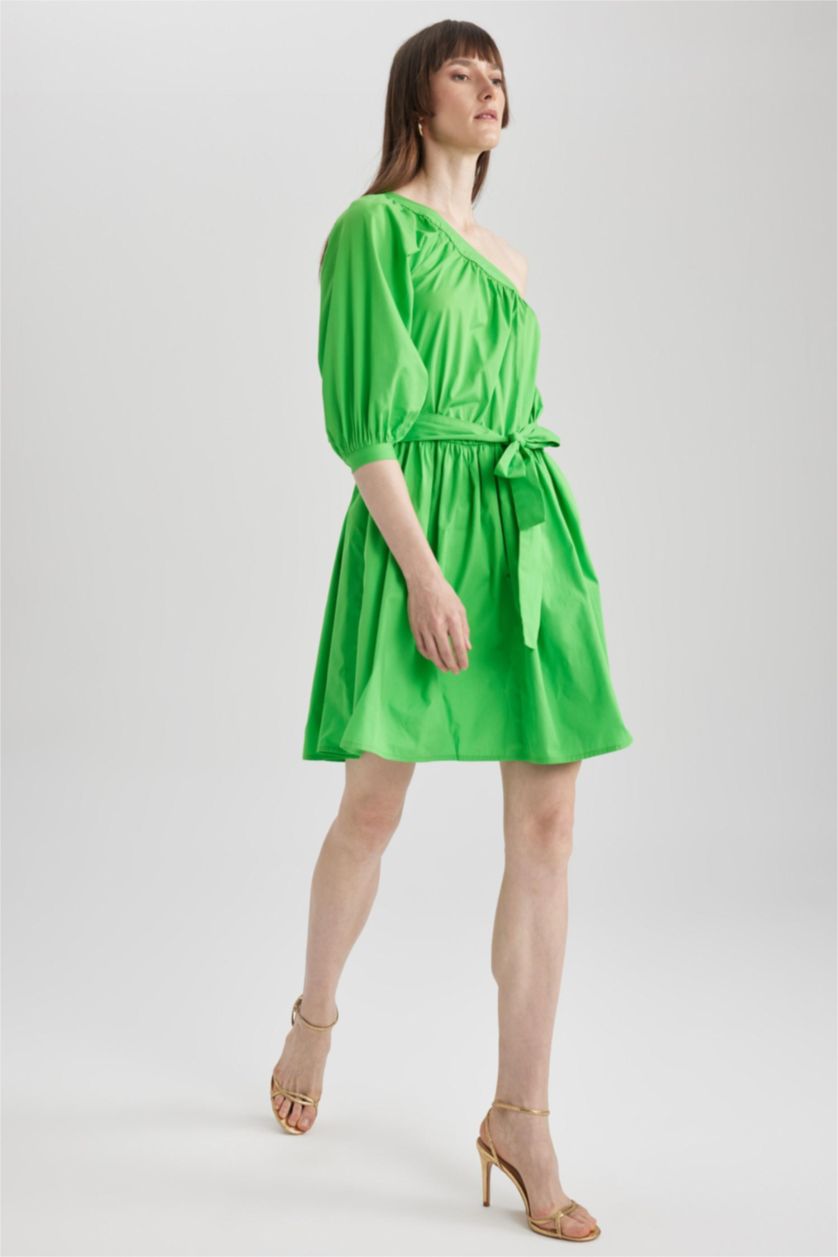 نساء أخضر فستان قصير قطن غير متماثل بكتف واحد