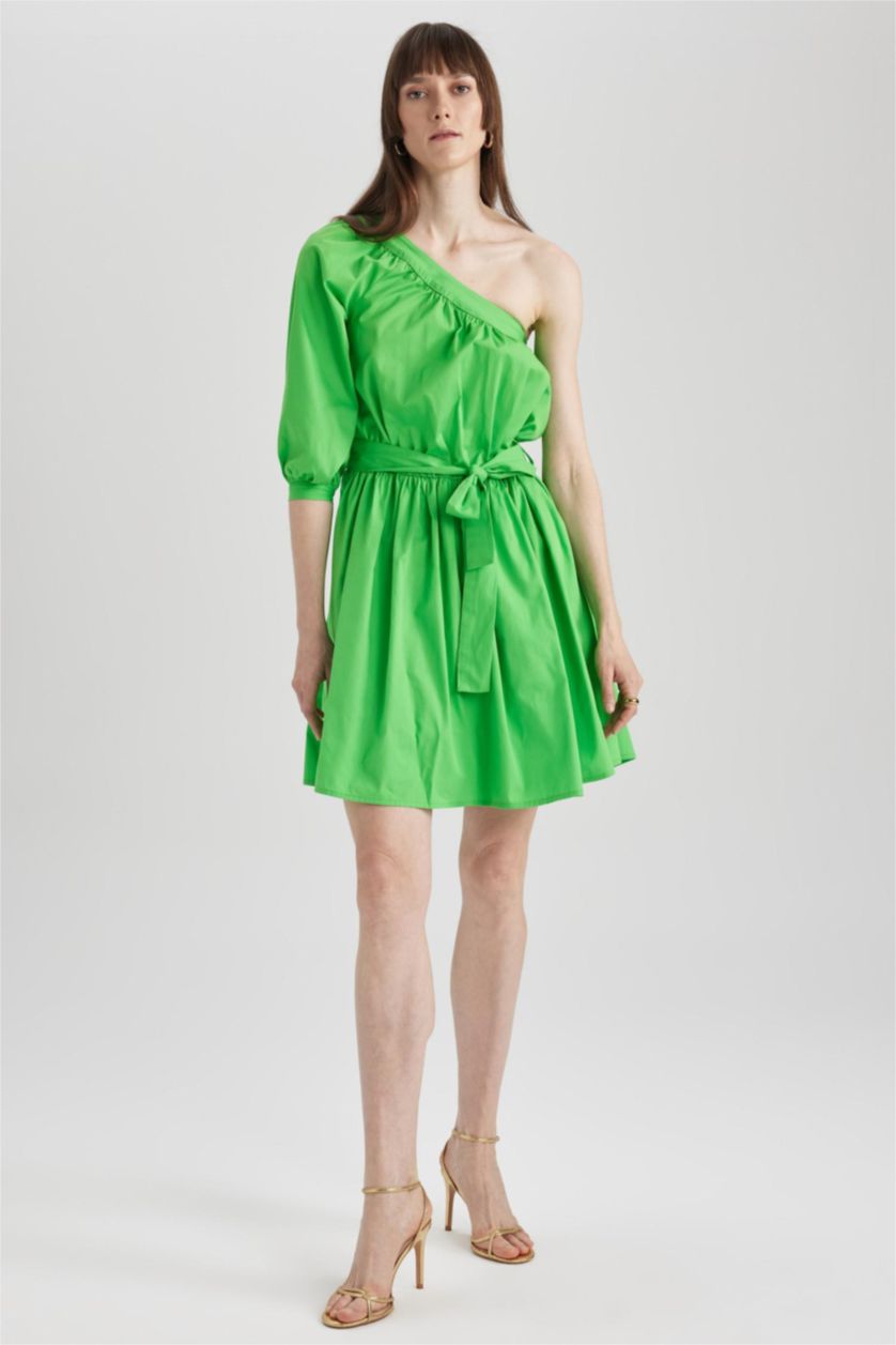 نساء أخضر فستان قصير قطن غير متماثل بكتف واحد