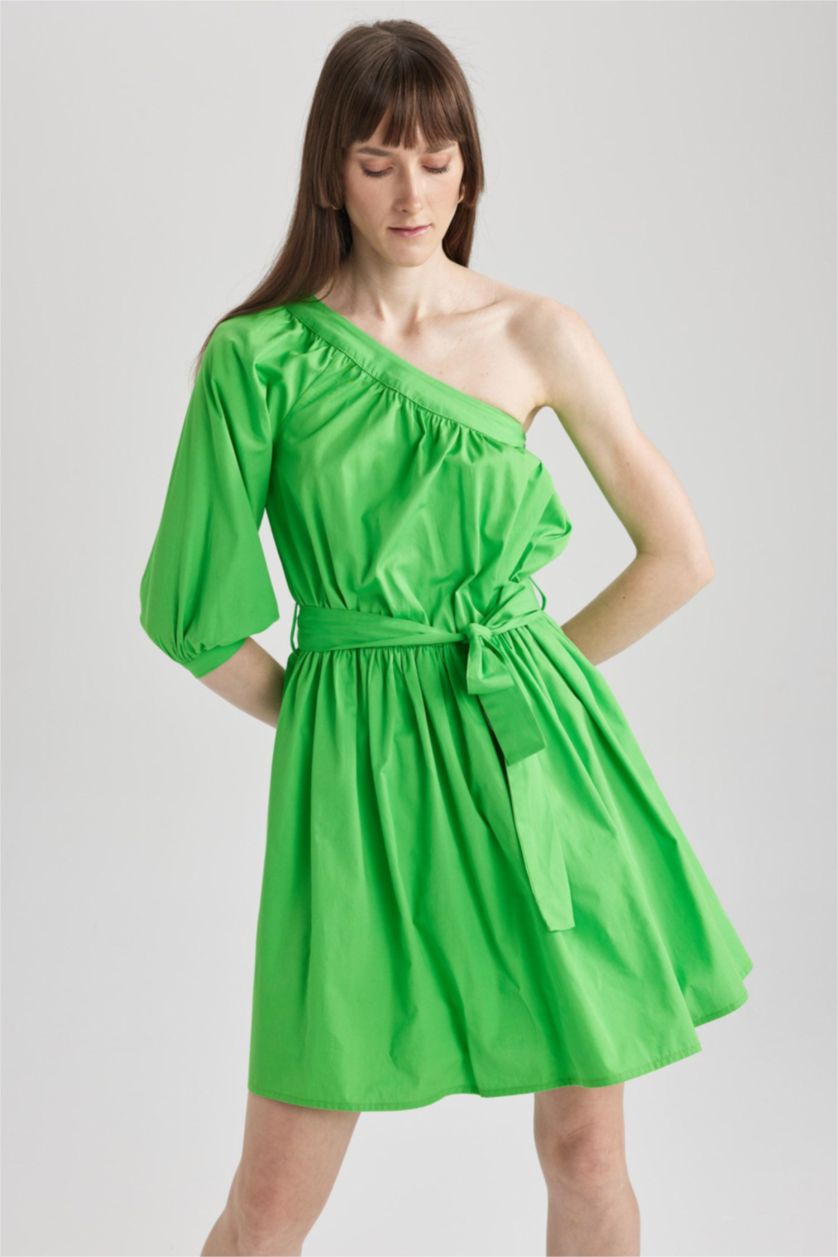 نساء أخضر فستان قصير قطن غير متماثل بكتف واحد