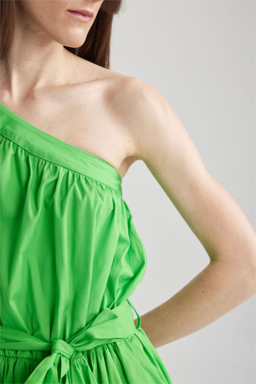 نساء أخضر فستان قصير قطن غير متماثل بكتف واحد