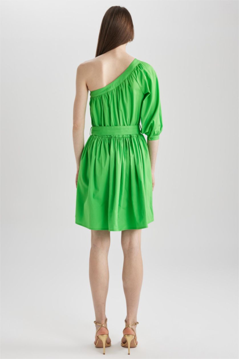 نساء أخضر فستان قصير قطن غير متماثل بكتف واحد