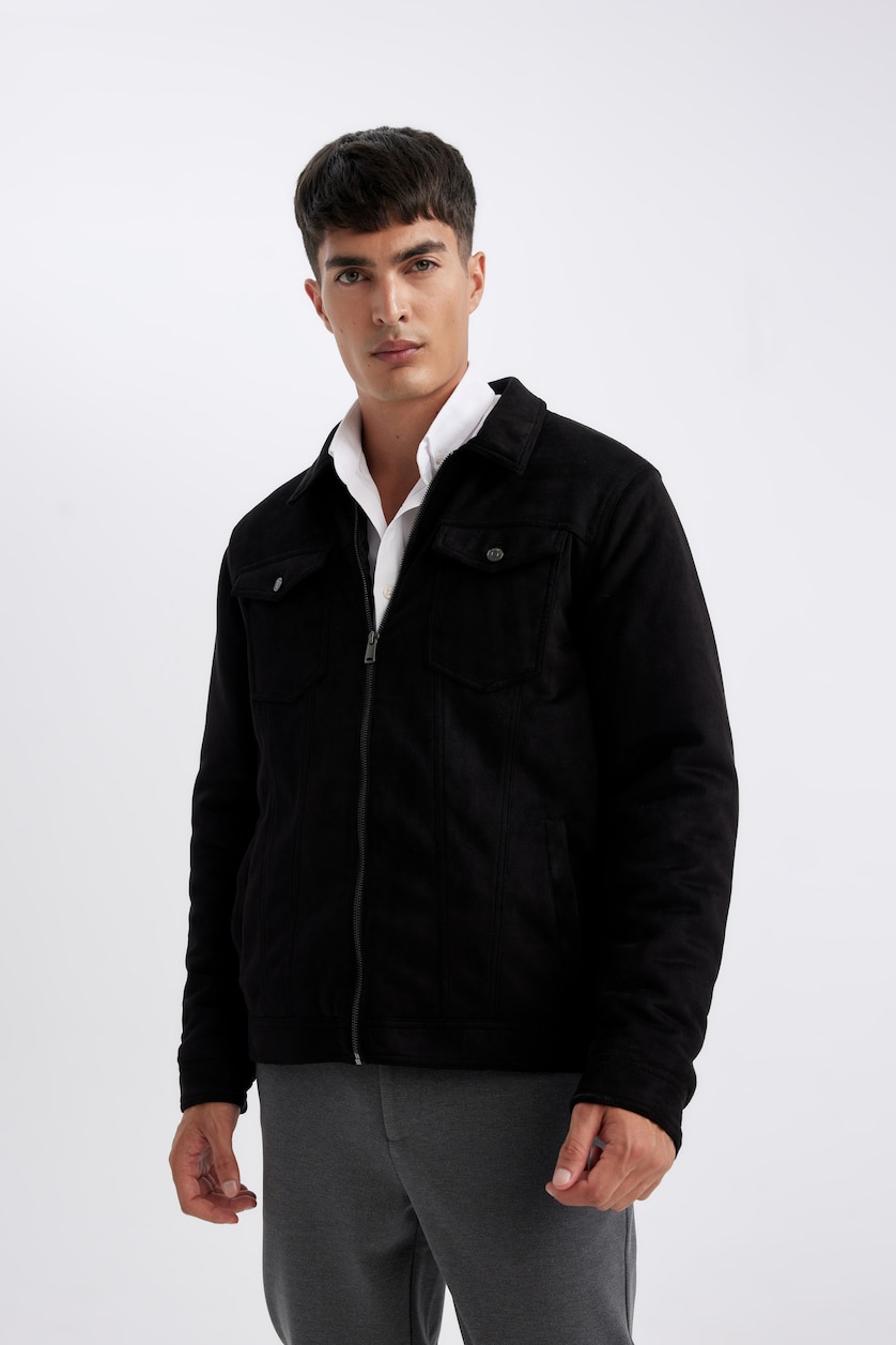 Erkek Siyah Slim Fit Fermuarlı Süet Mevsimlik Ceket Mont