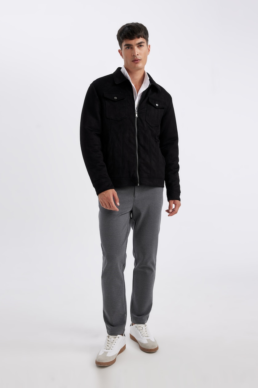 Erkek Siyah Slim Fit Fermuarlı Süet Mevsimlik Ceket Mont