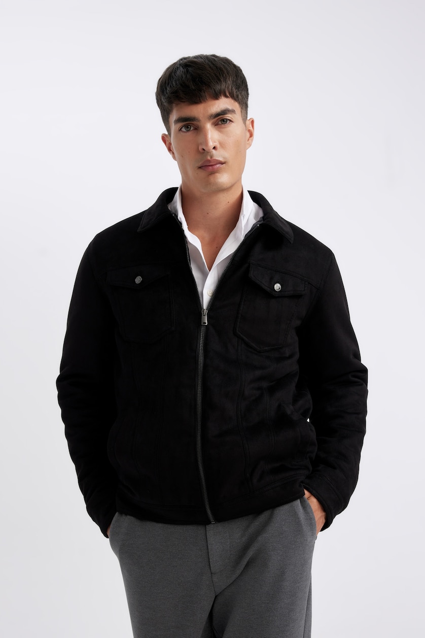 Erkek Siyah Slim Fit Fermuarlı Süet Mevsimlik Ceket Mont