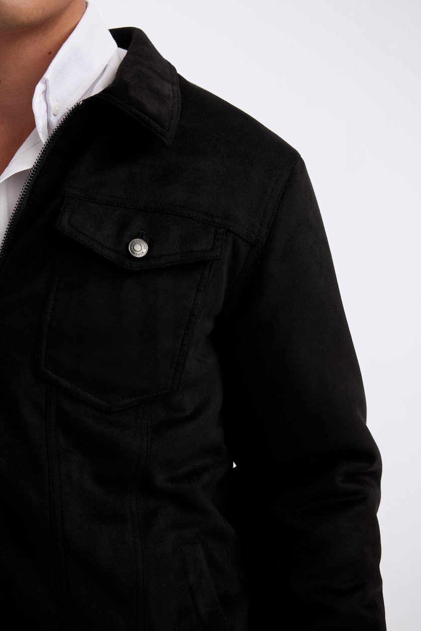 Erkek Siyah Slim Fit Fermuarlı Süet Mevsimlik Ceket Mont