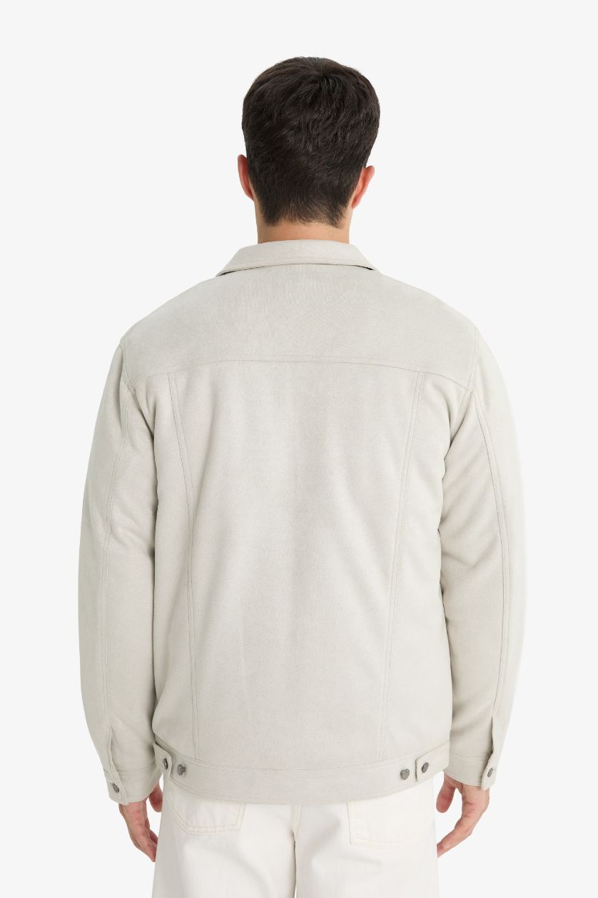 Erkek Taş Slim Fit Dar Kesim Gömlek Yaka Fermuarlı İç Cepli Süet Mevsimlik Baharlık Ceket Mont