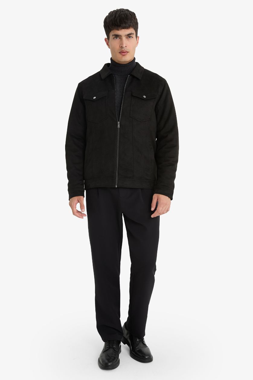Erkek Siyah Slim Fit Dar Kesim Gömlek Yaka Fermuarlı İç Cepli Süet Mevsimlik Baharlık Ceket Mont