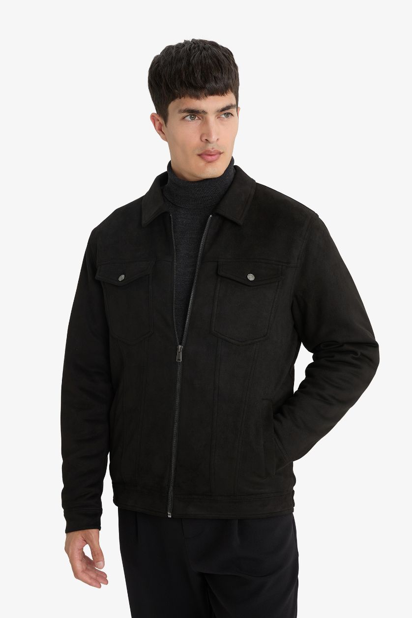 Erkek Siyah Slim Fit Dar Kesim Gömlek Yaka Fermuarlı İç Cepli Süet Mevsimlik Baharlık Ceket Mont