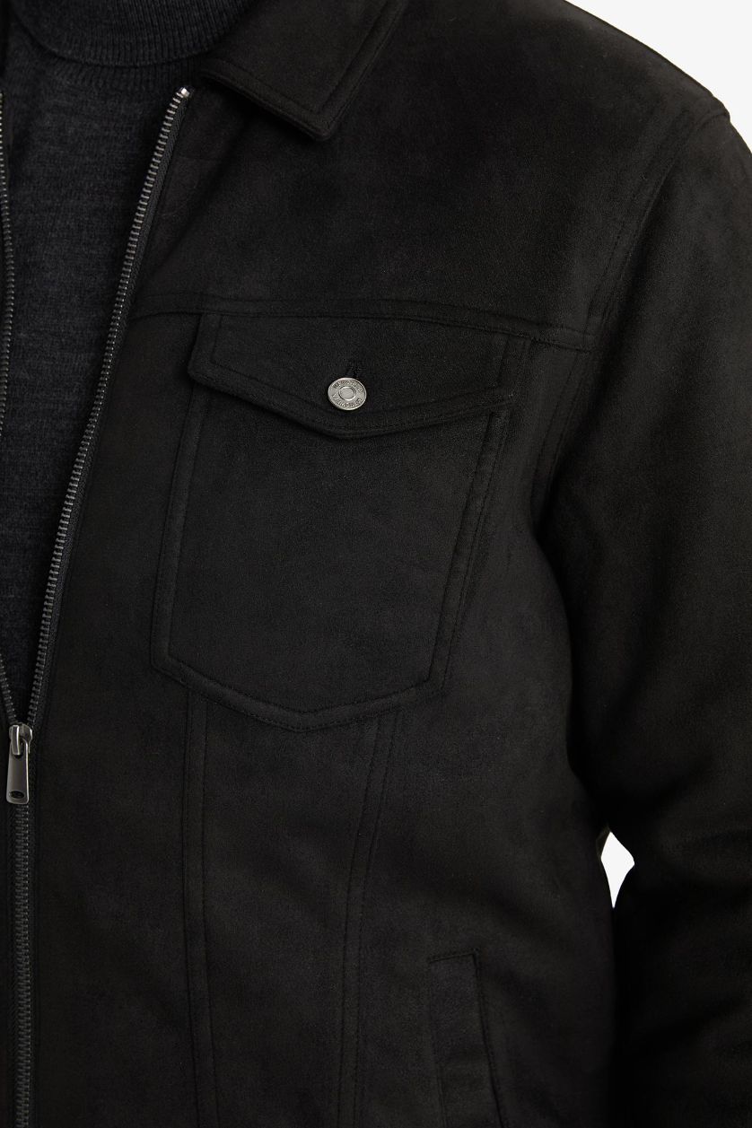 Erkek Siyah Slim Fit Dar Kesim Gömlek Yaka Fermuarlı İç Cepli Süet Mevsimlik Baharlık Ceket Mont