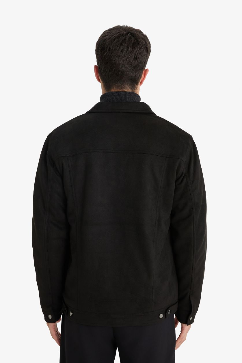 Erkek Siyah Slim Fit Dar Kesim Gömlek Yaka Fermuarlı İç Cepli Süet Mevsimlik Baharlık Ceket Mont