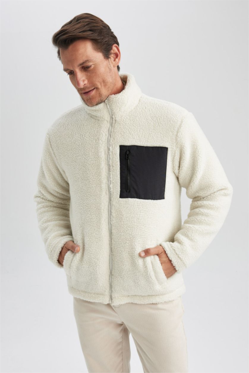 Erkek Taş Slim Fit Dar Kesim Dik Yaka Fermuarlı Cepli Pelüş Mont