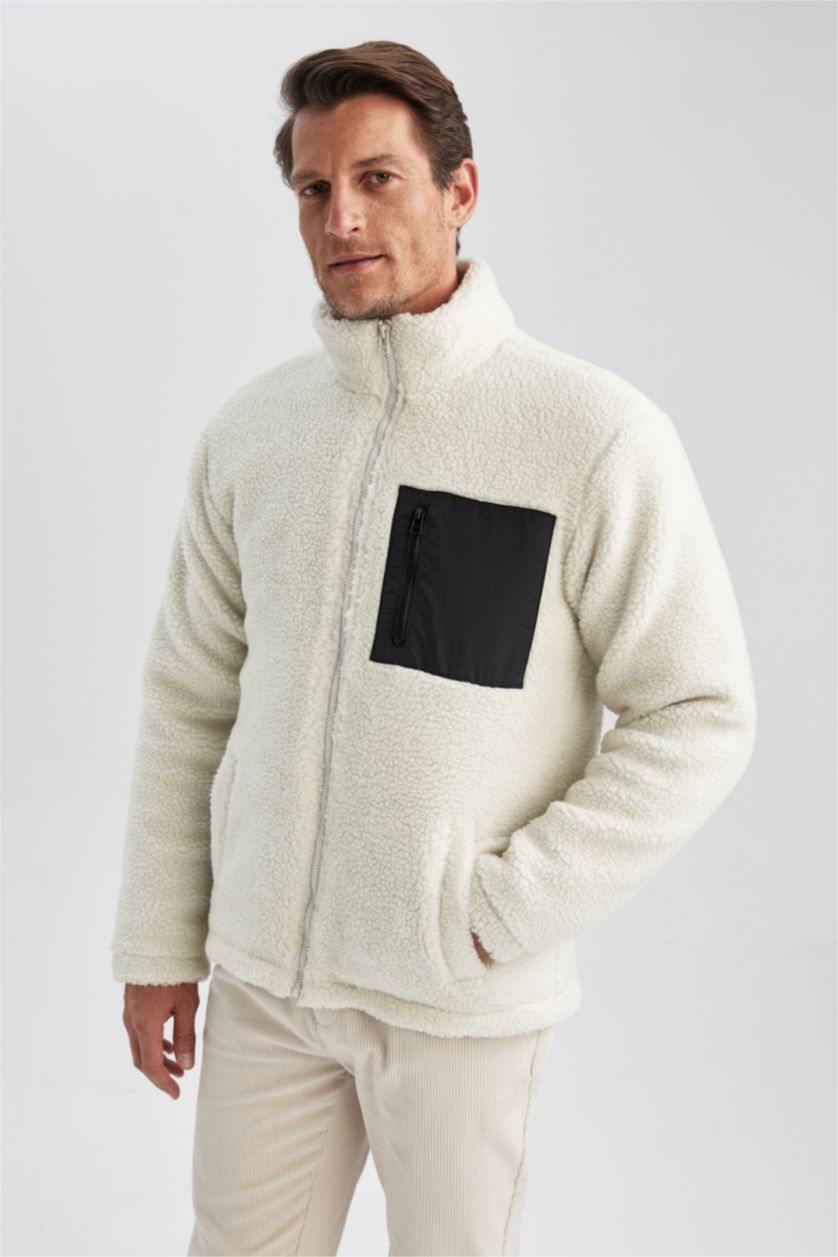 Erkek Taş Slim Fit Dar Kesim Dik Yaka Fermuarlı Cepli Pelüş Mont