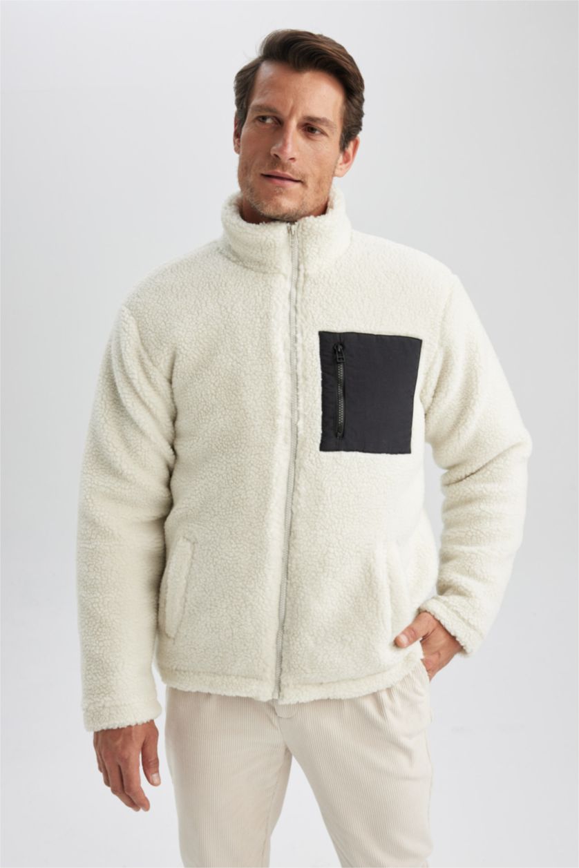 Erkek Taş Slim Fit Dar Kesim Dik Yaka Fermuarlı Cepli Pelüş Mont