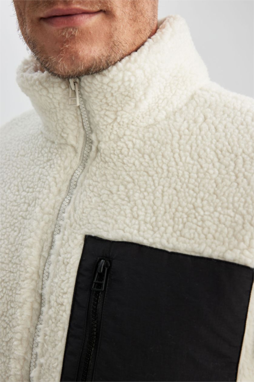 Erkek Taş Slim Fit Dar Kesim Dik Yaka Fermuarlı Cepli Pelüş Mont