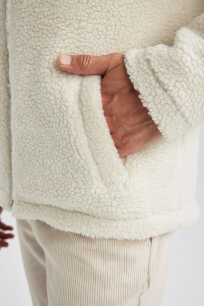 Erkek Taş Slim Fit Dar Kesim Dik Yaka Fermuarlı Cepli Pelüş Mont