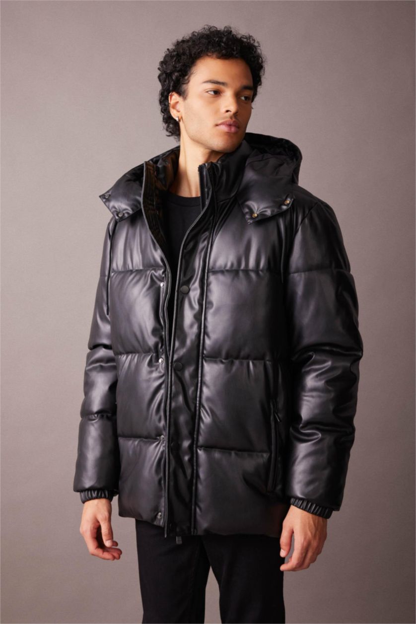 MAN Black Slim Fit Hooded Faux Leather Puffer Jacket